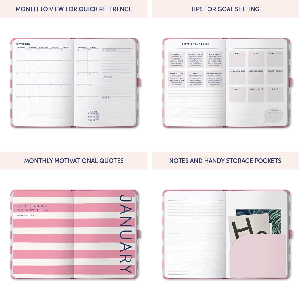 Busy B 2025 Diary Weekly Planner A5 Pink Stripe With Elastic Band Weekly Overview For Daily Use Monthly Overview Inspirational Quotes And Stickers