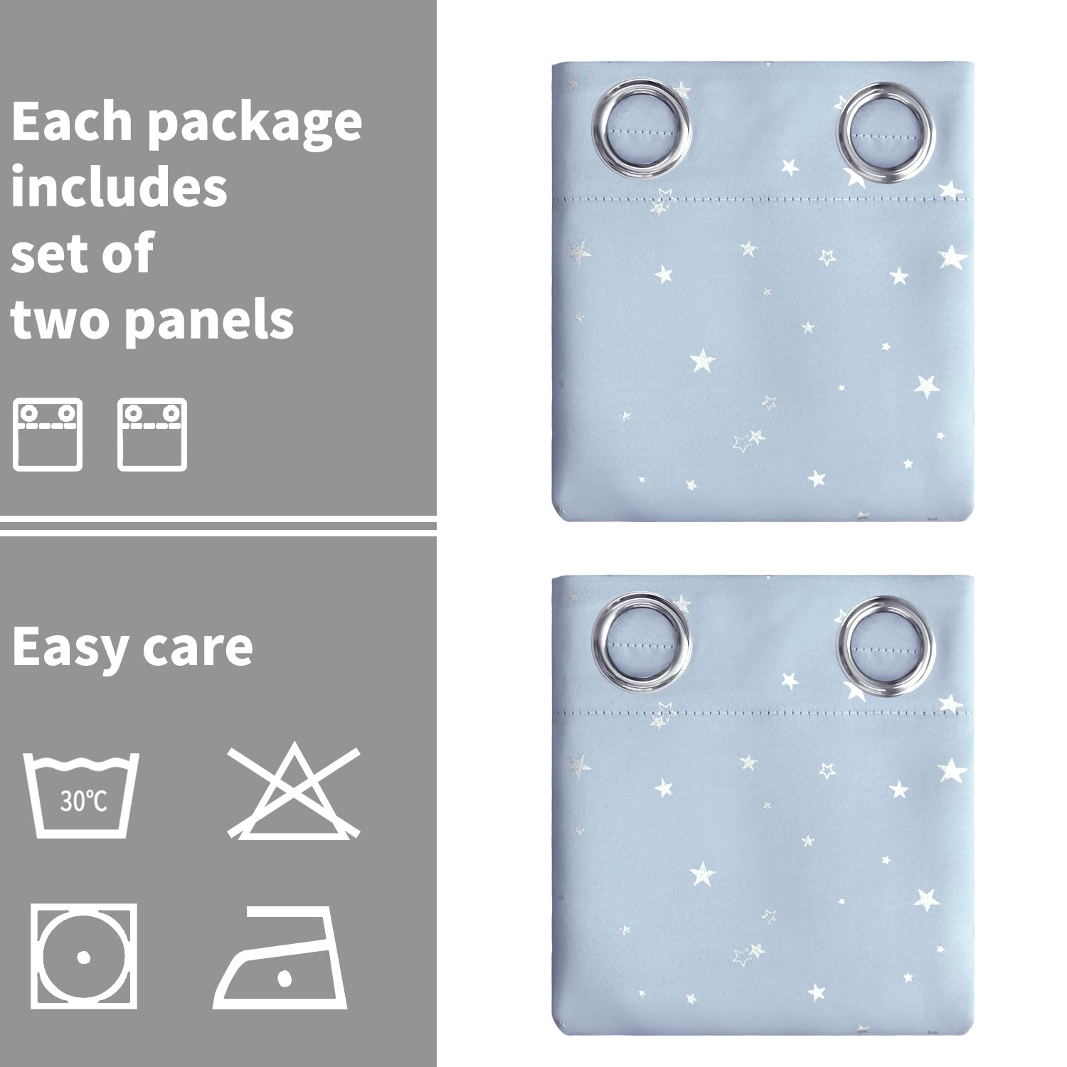 BGment Verdunkelungsvorhänge für Kinderzimmer, mit Ösen, wärmeisoliert, silberfarbener Sternendruck, Kindervorhänge für Wohnzimmer, Set mit 2 Paneelen, Babyblau, 132 x 183 cm