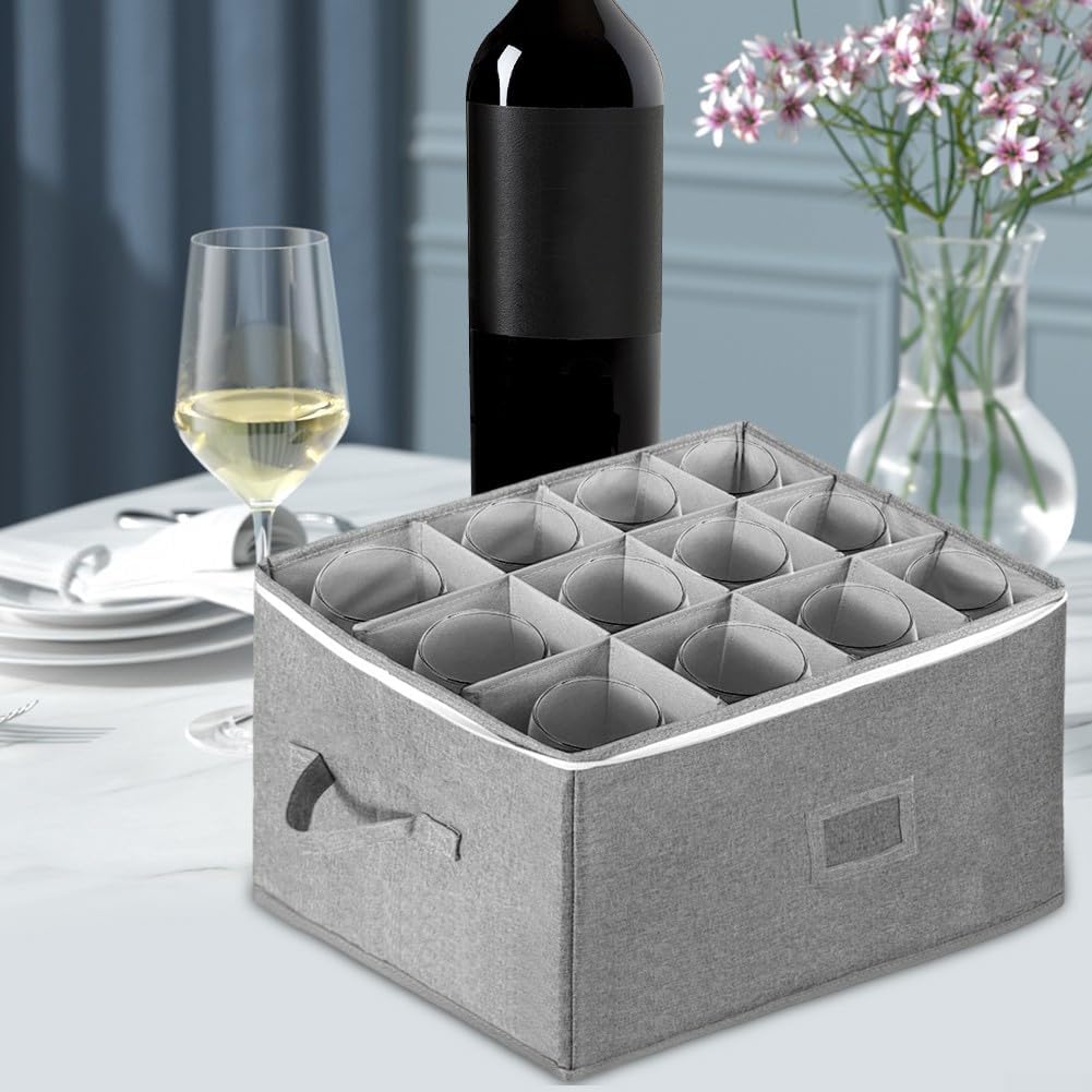 Stackable Wine Glass Organizer Box Holds 12 Glasses with Hard Shell Cover and Adjustable Dividers Providing Protection