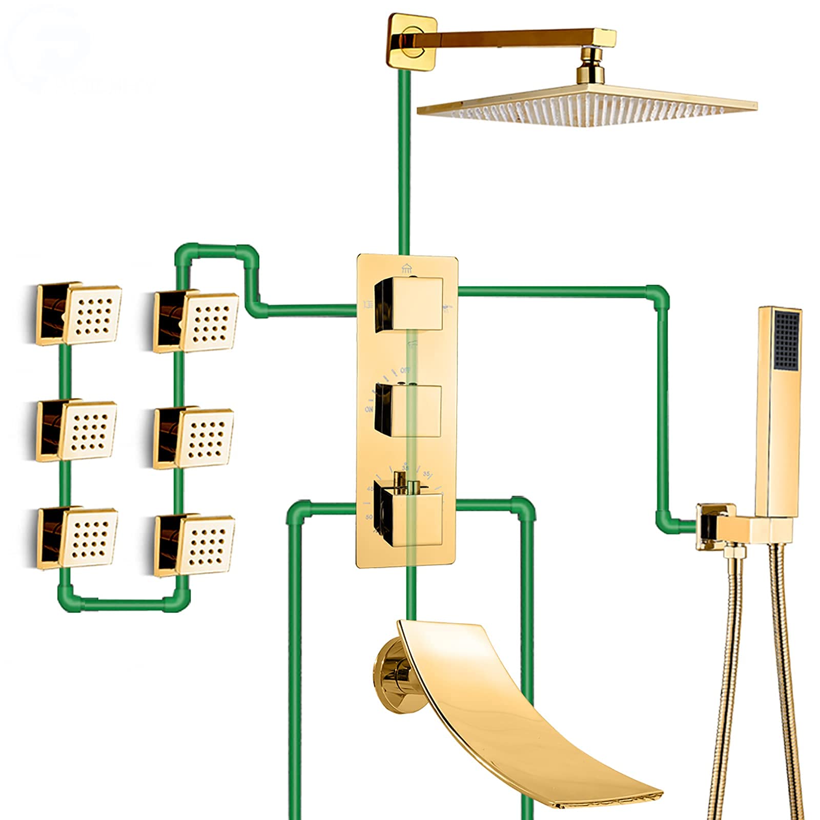 Zestaw prysznicowy termostatyczny Gold Combo do montażu na suficie, bateria prysznicowa łazienkowa z głowicą prysznicową, prysznicem ręcznym, baterią wannową typu wo,