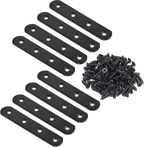 Paquete de 8 soportes de soporte rectos negros de 4 pulgadas, placas de reparación planas de acero inoxidable, soportes de unión de reparación