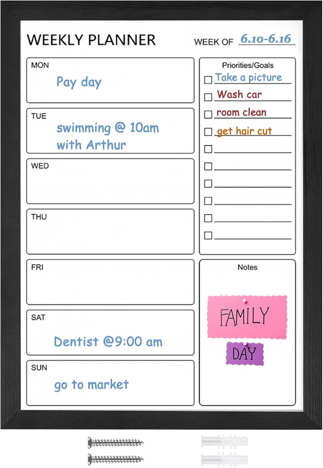 Dry Erase White Board Weekly Calendar Board, Magnetic Whiteboard for Wall,17.7“x23.6 Solid Wood Black Framed Message Board, Planner Board for Office, Home, School（Weekly-BB-BK-4560
