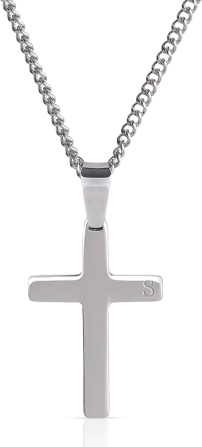 Cross Necklace Pendant with Personalized Initial | Solid Stainless Steel | Adjustable Size Chain | A-Z Alphabet Letters Engraved on Stainless Steel Clasp - S