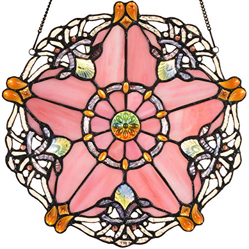 Bieye W10073 Baroque Tiffany Style Stained Glass Window Hanging Panel 12 inches Wide Round with Five-pointed Star Design (Pink)