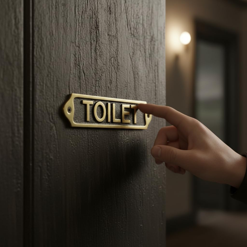 TOILET Brass Metal Door Sign Plaque | Wall Mounted Bathroom Name Plate with Screws | Classic Restroom Signage for Home Office Shop Restaurant | 22 x 5 cm | TOILET