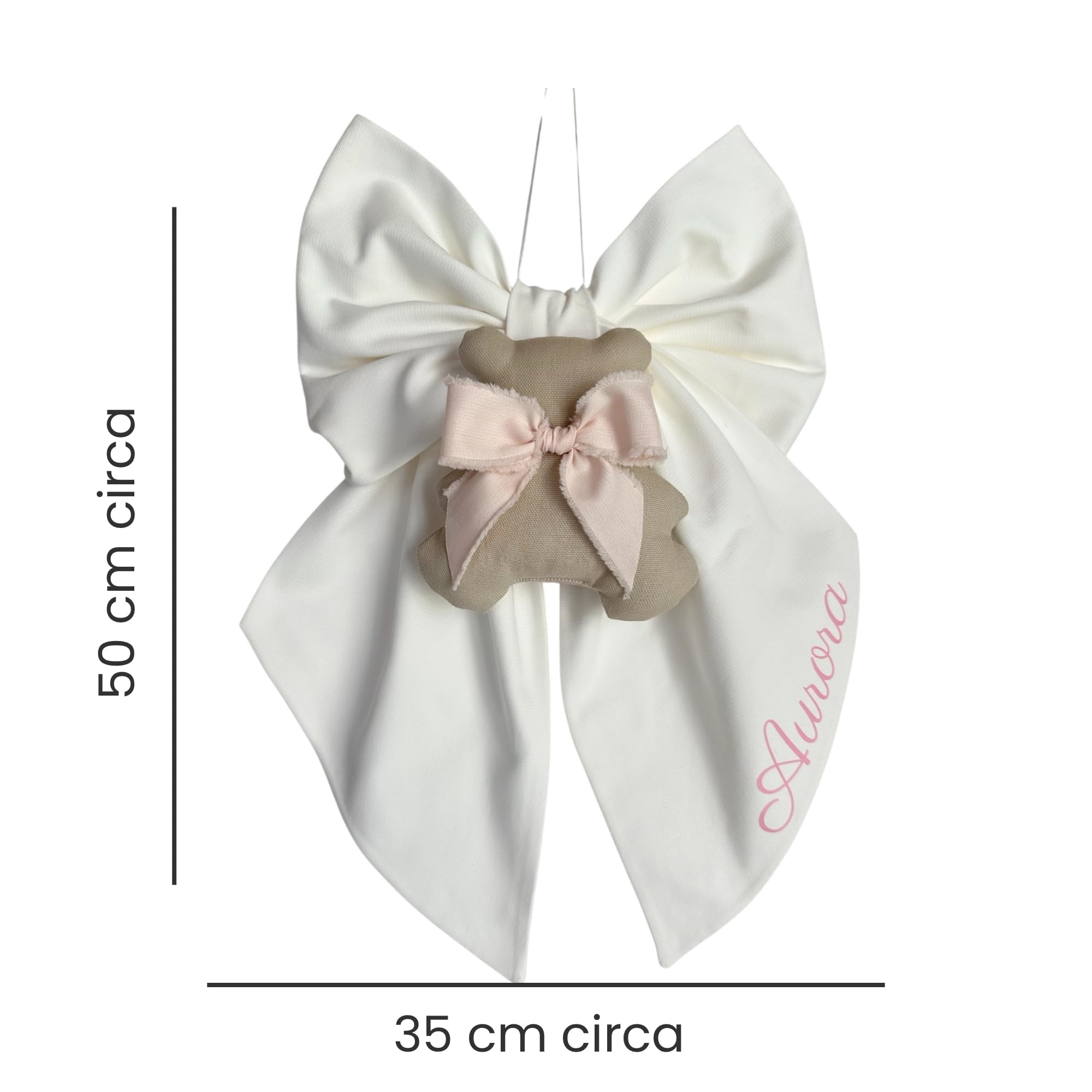 Fiocco nascita Teddy personalizzato con nome bambino/bambina fatto a mano in Italia (Bianco - teddy rosa)