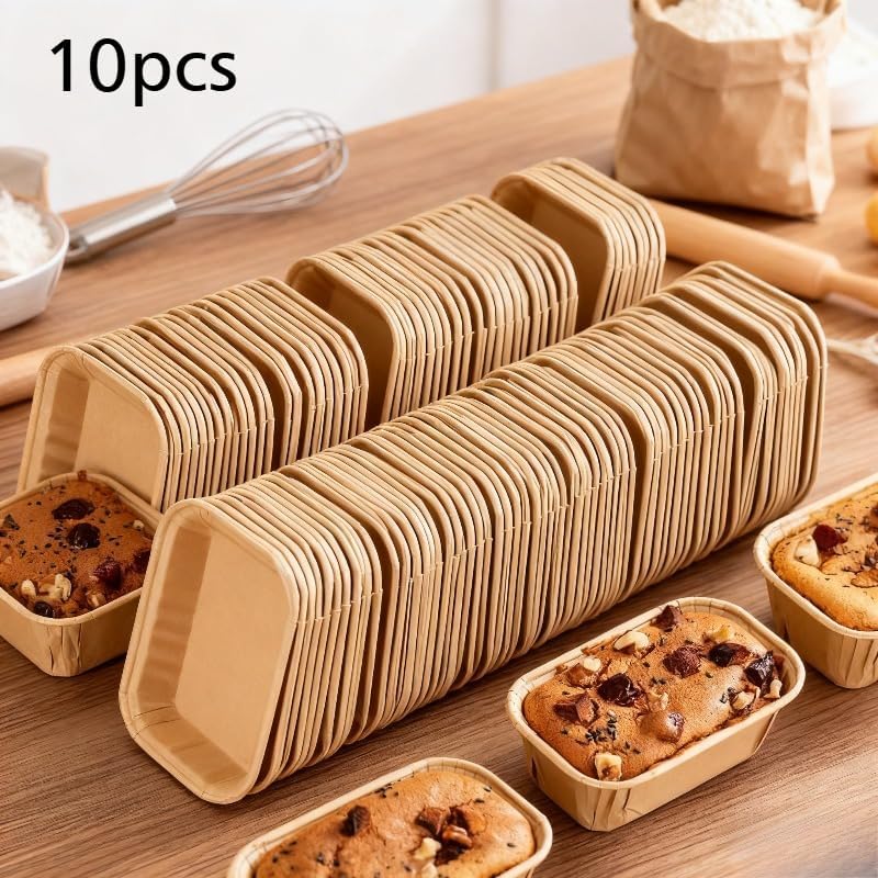 10 pcs Oil-Resistant Baking Cups, Rectangular Mini Size with Grooved Edge for Leak Prevention, Stackable for Even Baking. Suitable for Bread, Cupcakes, and Desserts. Baking-Grade Food Safe