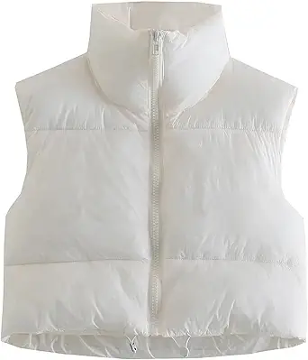 Hixiaohe Women's Winter Crop Vest Puffer Lightweight Stand Collar Padded Vest Zip Up Sleeveless Jacket