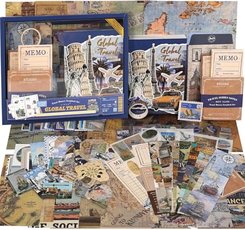 Image of GDNK Scrapbook Kit DIY Scrapbooking, Vintage Journal, Paper Stickers, Craft Notebook, Aesthetic Collage Album, Journaling Photo Album (Blue Global)