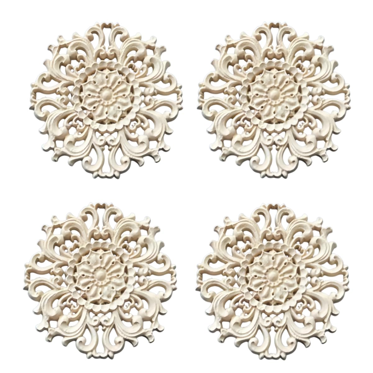Moulure Decorative Lot De 4 Disques Décoratifs Ronds En Bois Sculpté À Motif Floral Non Peints Pour Portes Et Meubles Style Européen Symétrique 3D 30 X 30cm
