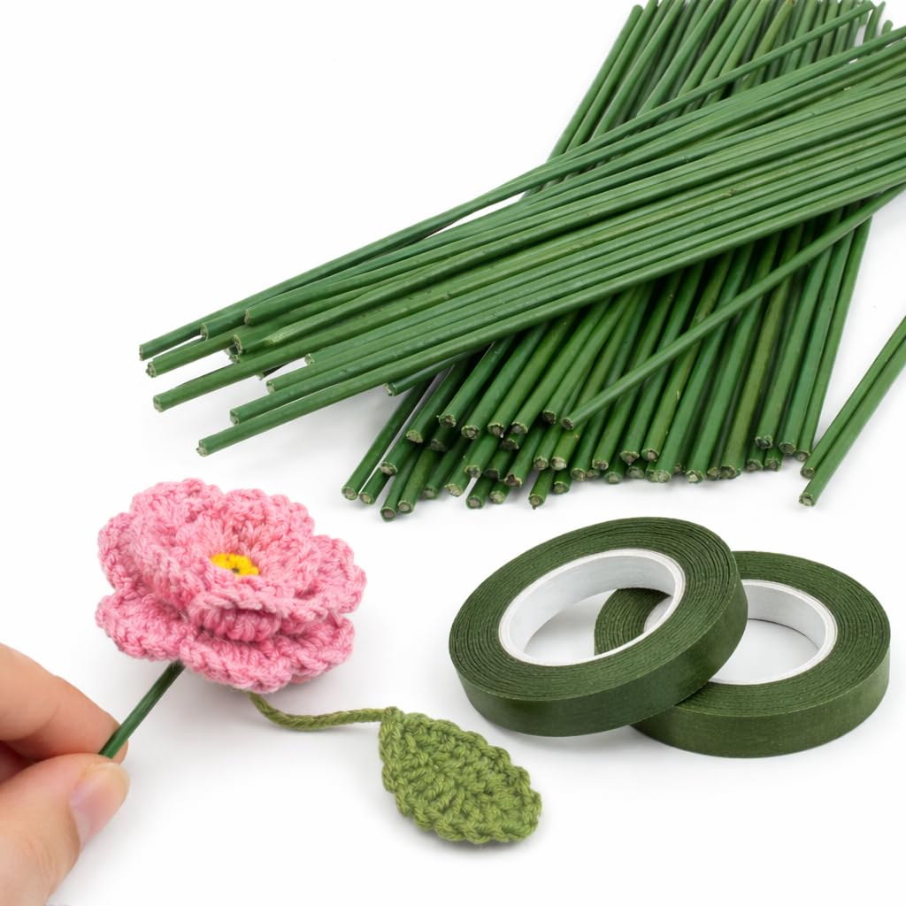 100 Pcs 15 Inch Green Floral Stem stem 3mm Thick with 2 Rolls Floral Tape – Heavy Duty Coated Craft for Artificial Flowers, Crochet Stems, Bouquet Making & DIY Decoration-image-21