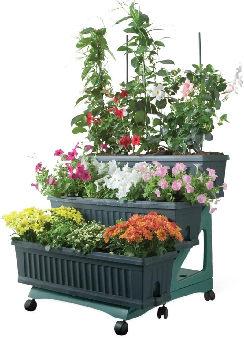 Gardener's Supply Company Rolling 3-Tier Patio Planter | Large Capacity Ideal for Outdoor Balconies Patios & Urban Gardening | Easy Pour Bottom Water Reservoir 32 Wide Planters