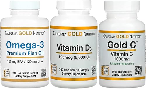 California Gold Nutrition Paquete de vitaminas esenciales y suplementos, vitamina C dorada + vitamina D3 + aceite de pescado Omega-3 premium,