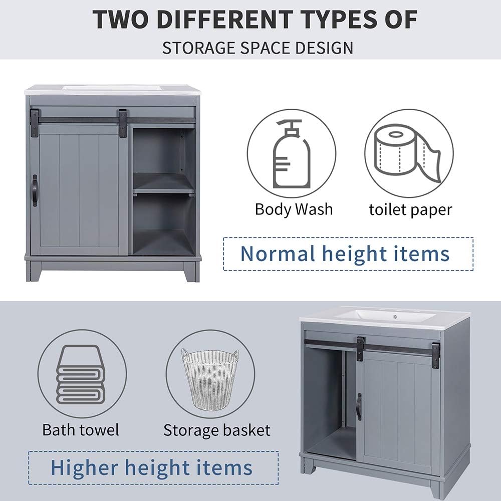 Flash Deals - 60% OFF KKSAFE Bathroom Sink Vanity 30” X 18“ X 34” Inch, Narrow Depth Vanities with Sliding Barn Door and White Sink, Small Bathroom Vanity Sink Combo, Storage Vanity Cabinet Vanity Sinks for Bathrooms