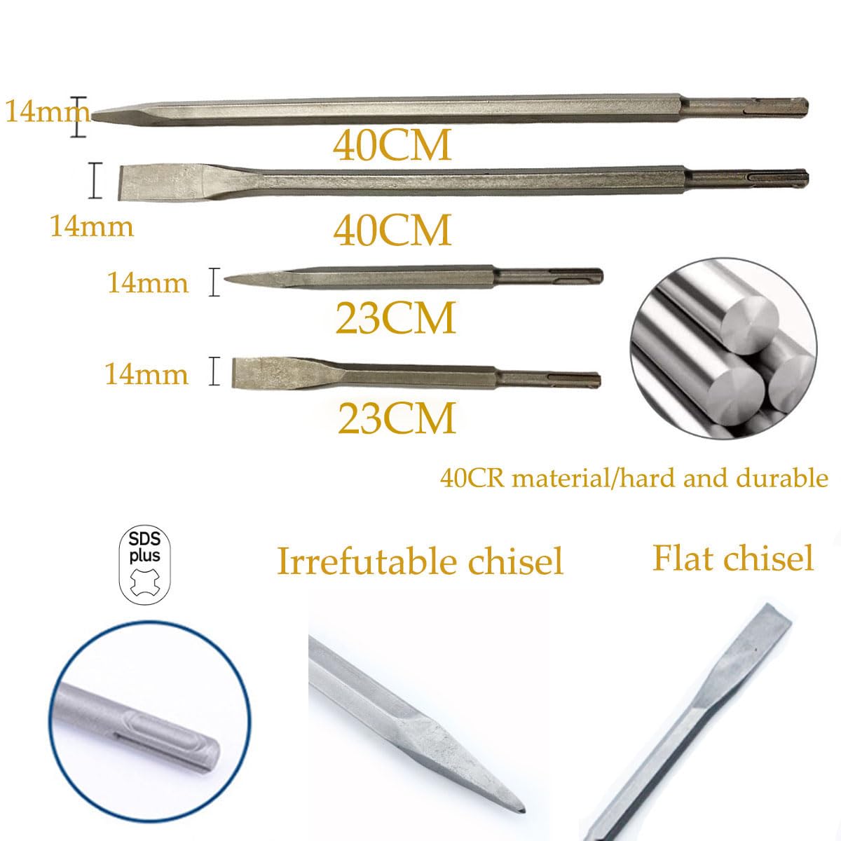 Scalpello SDS Plus da 4 Pezzi, 400 mm/230 mm di Lunghezza, Scalpello Piatto e Scalpello a Punta,Scalpello Muratore,Scalpello Professionale, Per Trapani Leggeri e Martelli a Percussione