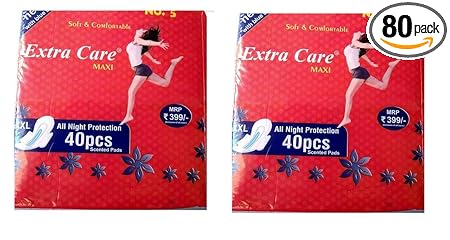 Extra Care Womens/Girls XXL Sanitary Pads (Napkins) with Wings - Pack of 40(Pack of 2)