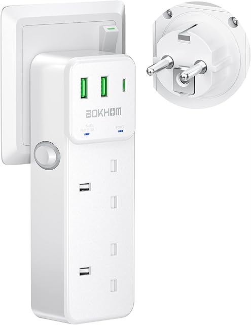 UK to European Plug Adapter, 2 Way Grounded European Travel Adapter with 2 USB Ports and 1 Type C, Double Plug Adaptor UK to EU Travel Plug for Germany Spain France Turkey Greece and More (Type E/F)