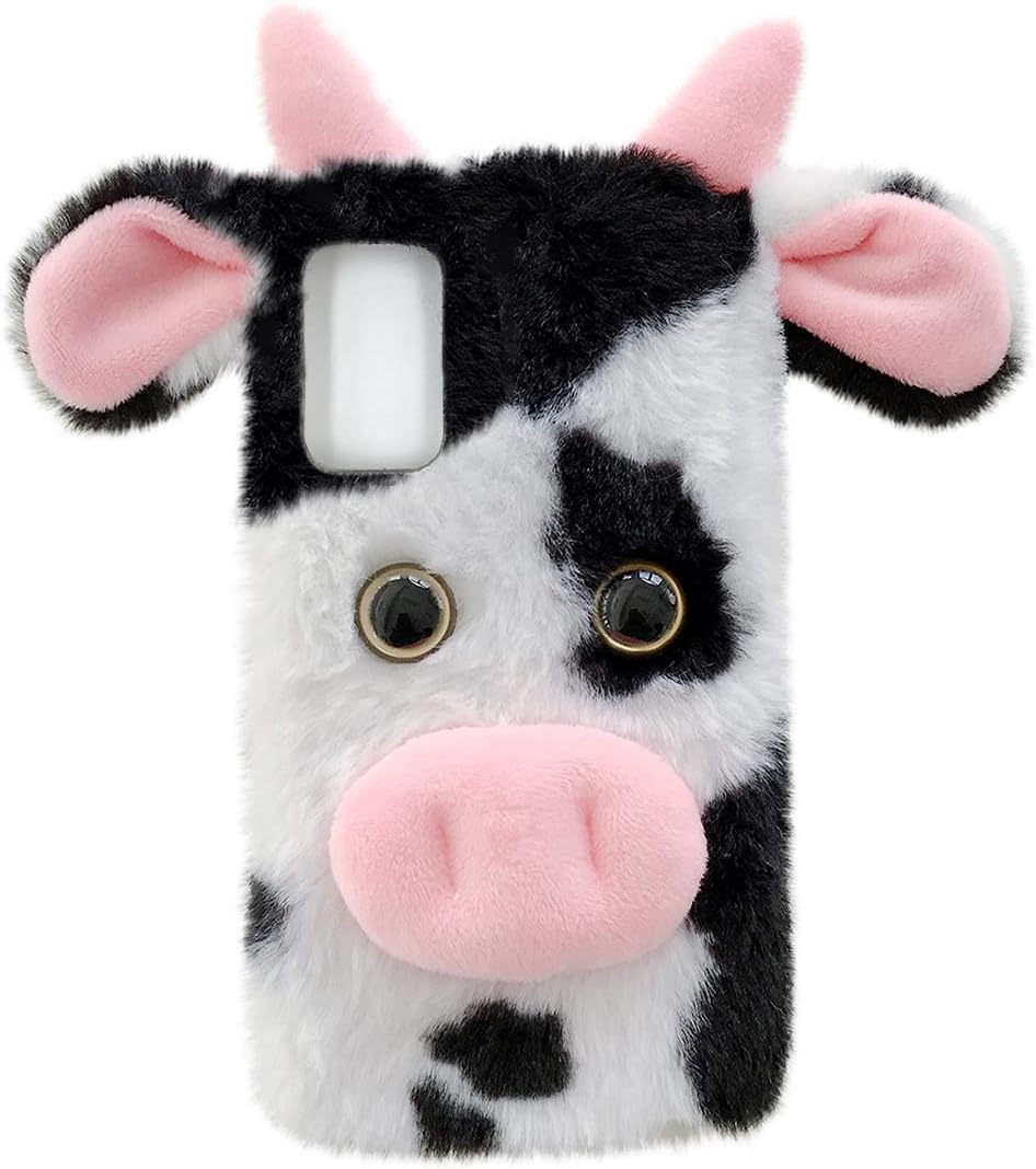 Cute Milk-Cow Fluffy Fur Plush Case for Moto G Stylus 2021: Black Furry Girly Cover 3D Animal Fuzzy Protective Case Faux Rabbit Hair Kawaii Kid Cartoon Fun Women Case for Motorola G Stylus 2021