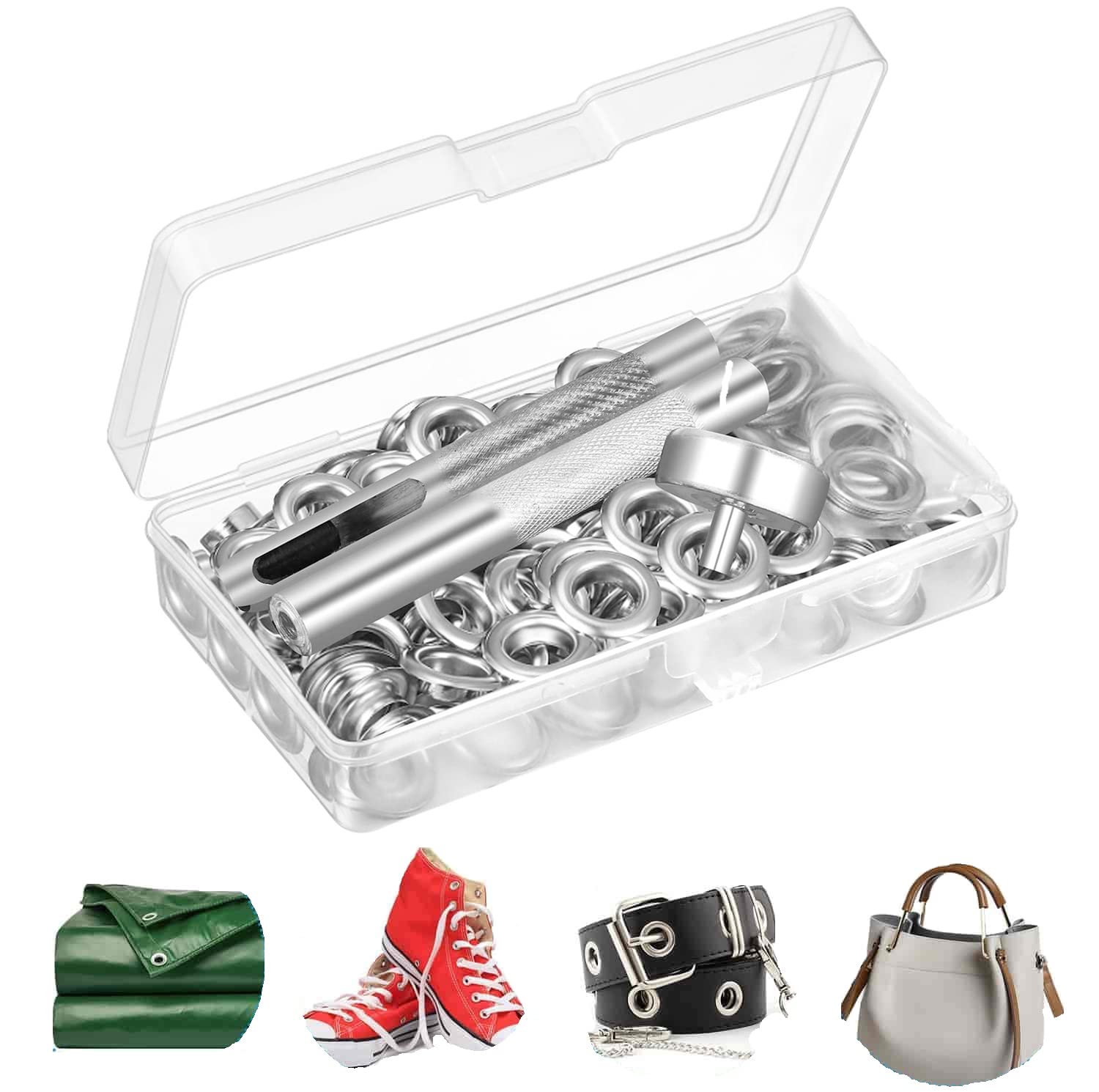 SYOSI 100 Sets Grommet Kit, Thickened Grommets Eyelets 1/4 Inch, Silver Metal Eyelet, Grommet Tool Kit for Leather, Fabric, Tarp, Shoes, Clothing, Crafts DIY with 3PCS Installation Tools