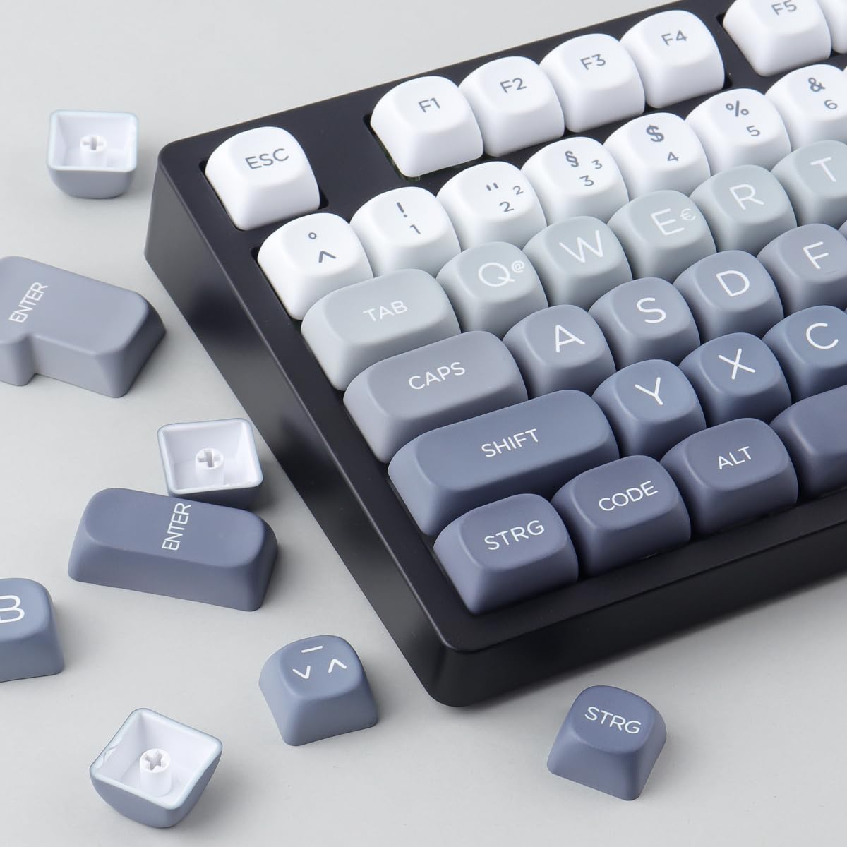 PBT German Keycaps 131 Keys Double Shot MOA Profile Keycap White-Grey Gradient Dye Sub Custom Keycaps for Cherry MX Switch ISO QWERTZ Layout Mechanical Keyboards