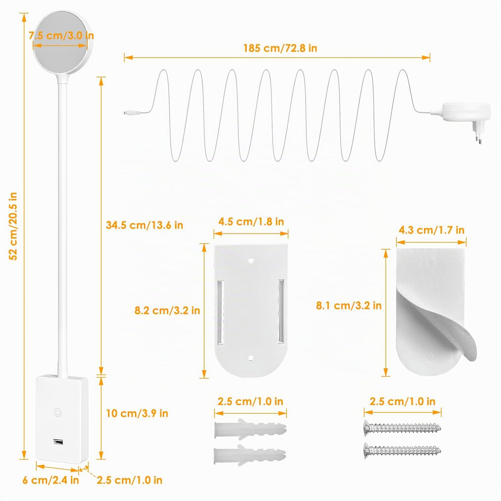 ENUOTEK Lampe de Lecture LED Tactile à Intensité Réglable | Lampe de Lecture Murale, Port de Charge USB 2A, 4 Niveaux de Luminosité (100% - 70% - 35% - 15%), 4000K