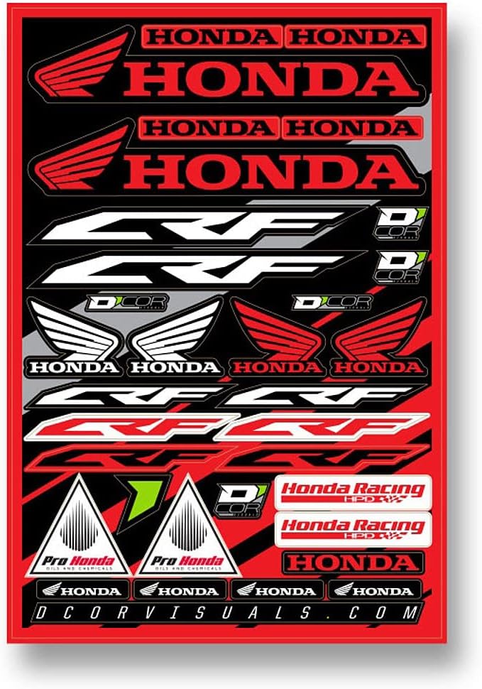 D'cor Visuals Compatible with Honda CRF Decal Sheet – 12 Mil Vinyl Graphics Kit, for Dirt Bike & Motocross – MX Racing Stickers & Emblems Pack, 19”x12”