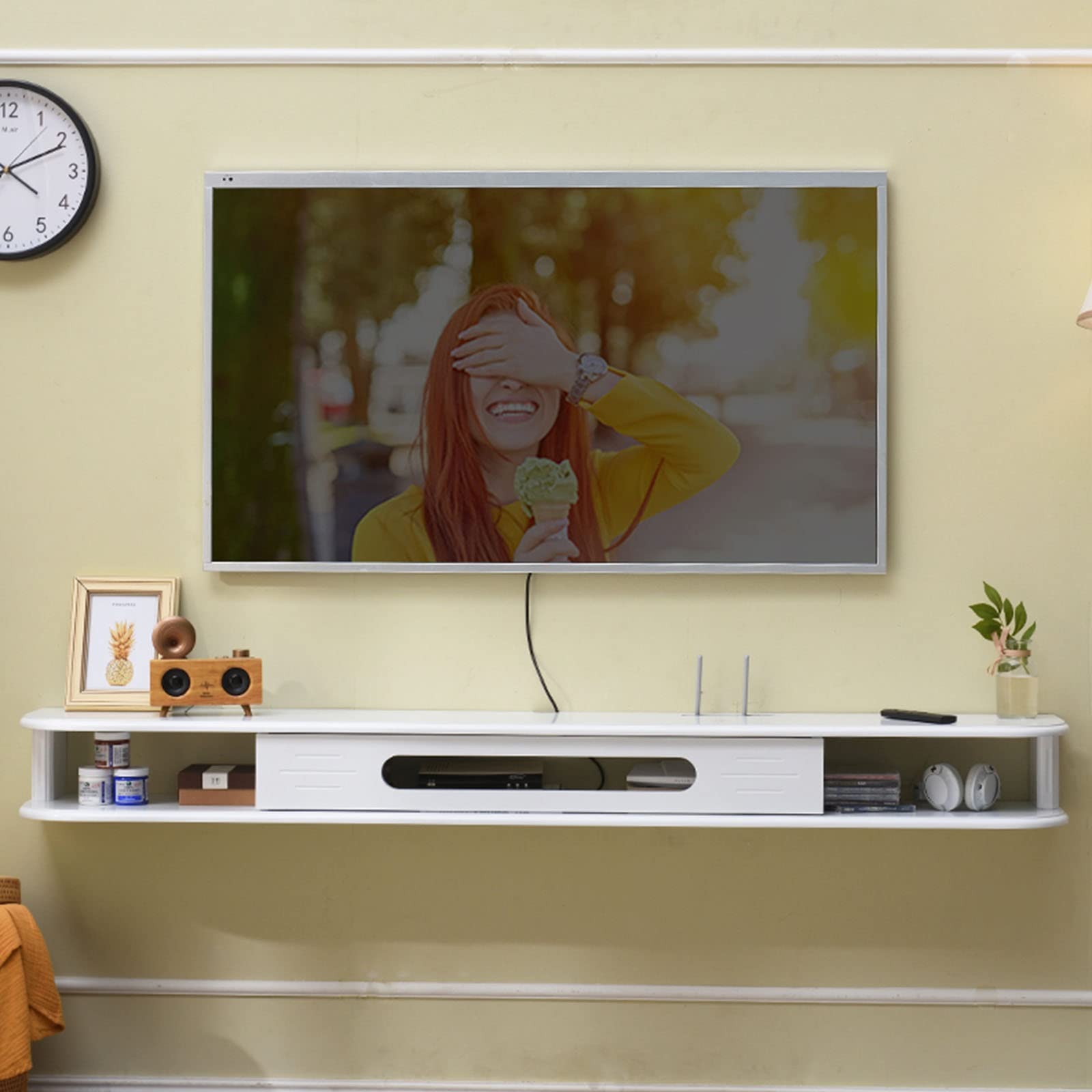 Schwebender TV-Ständer, an der Wand montiertes Entertainment-Center mit Kabelloch, schwebendes Aufbewahrungsregal für Wohnzimmer und Schlafzimmer, moderner weißer TV-Schrank, 47,2 Zoll/Weiß/120 cm
