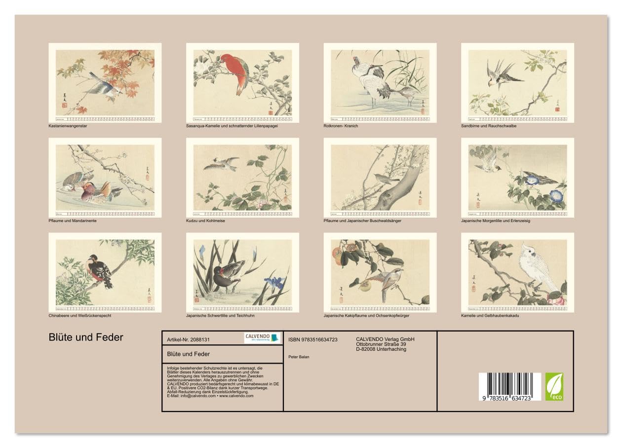 Blüte und Feder (hochwertiger Premium Wandkalender 2026 DIN A2 quer), Kunstdruck in Hochglanz: Japanische Naturkunst in zarten Farben. (CALVENDO Kunst)