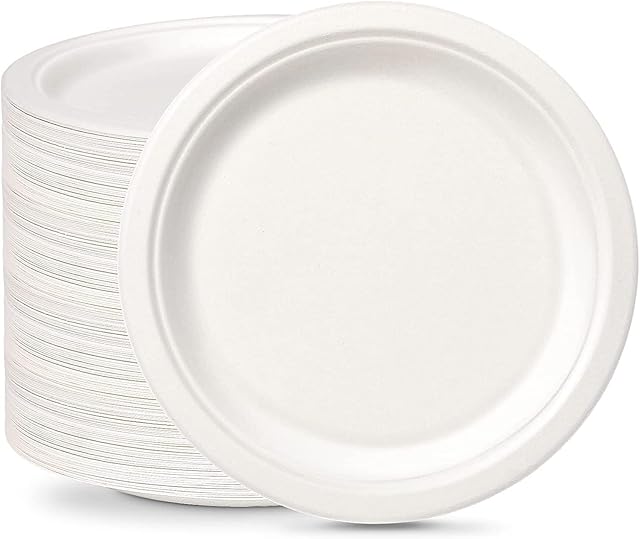 Ask Packaging Disposable Plates [100-Pack / 7inch] 100% Compostable Bagasse Plates for Hot Food - Eco-Friendly Sugarcane Biodegradable Plates