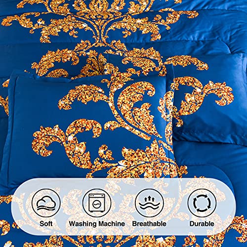 A Nice Night Paisley Yellow Flower Microfiber Comforter Set, Modern Luxury Design Hotel Style All Season Comforter Set with Pillow Cases(Blue,King)
