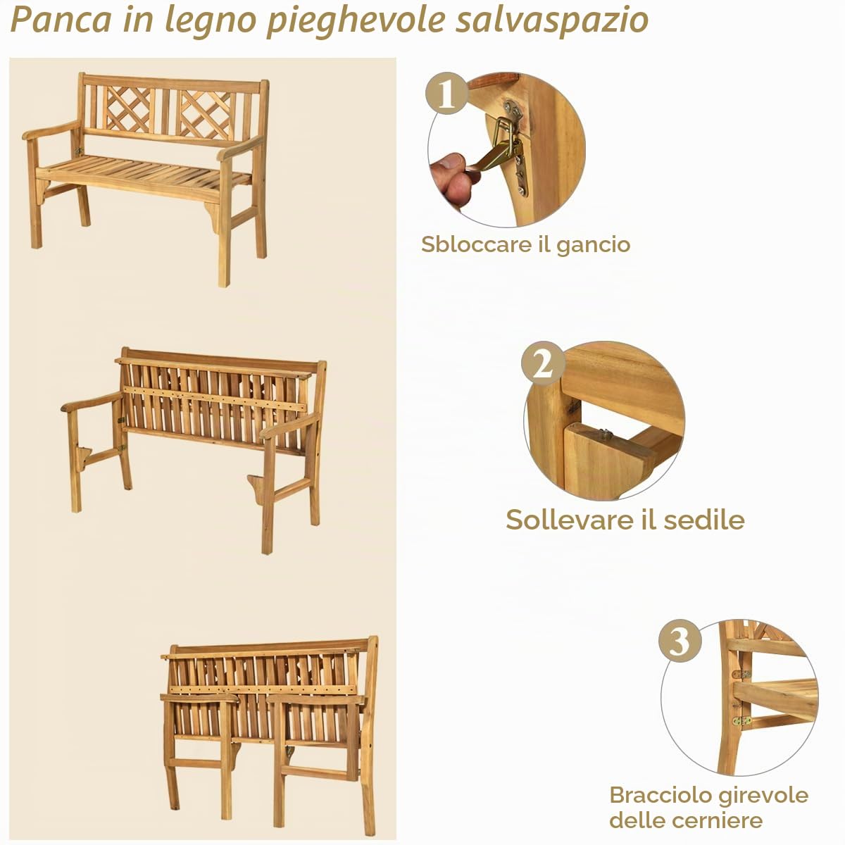 KOMFOTTEU Panchina Pieghevole da Esterno in Legno di Acacia, Carico 320kg | Panca da Giardino Portatile a 2 Posti, per Terrazzo, Balcone, Giardino