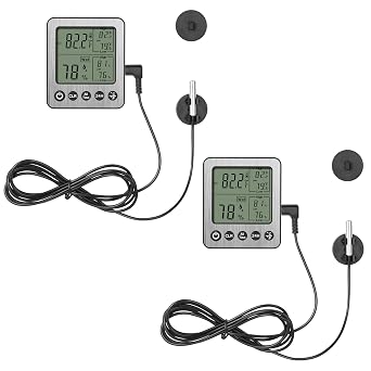 2 Pack zz20 Digital Fridge Thermometer with Extra Sensor, Indoor Hygrometer - Max/Min Temp & Humidity, Black