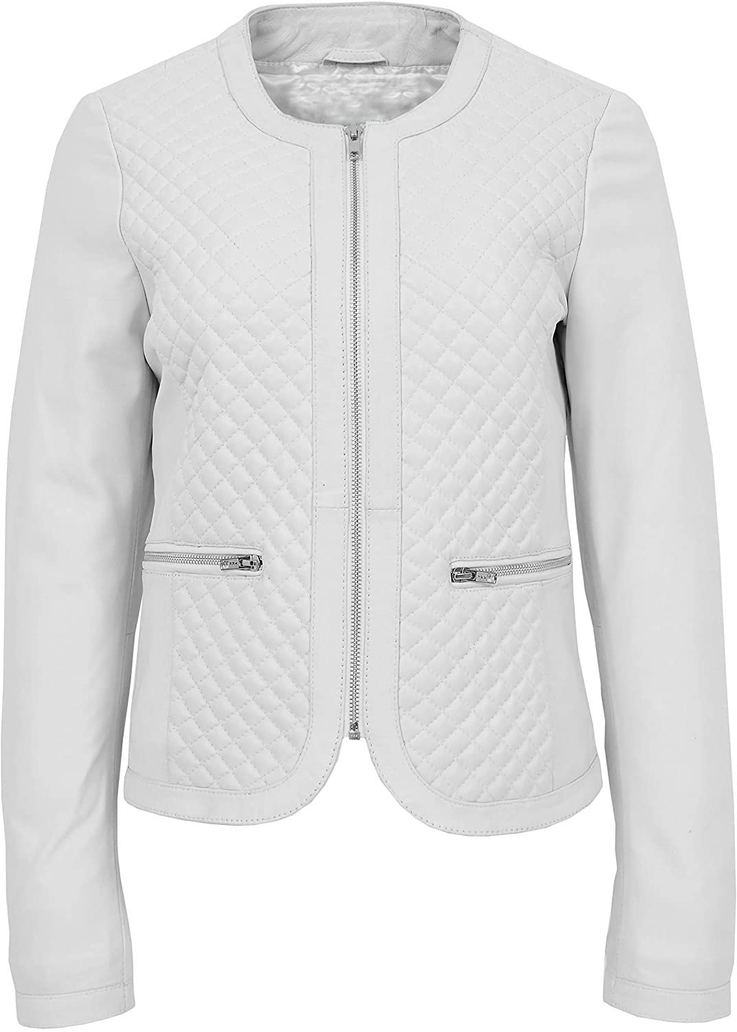 AKS ModeWomen's White Leather Jacket | Quilted Women's Leather Collarless Jacket