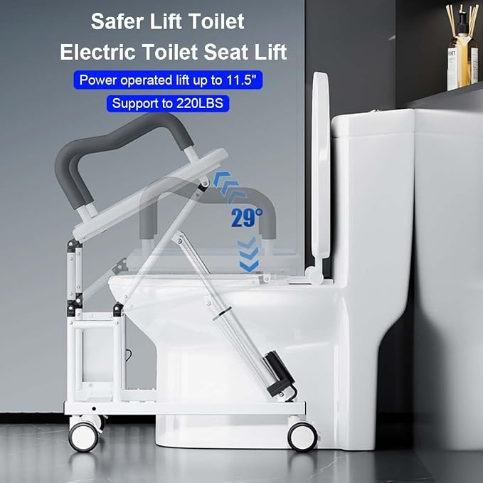 Elevador eléctrico para asiento de inodoro, estructura para personas mayores, asiento elevado con asas, inclinable, ayudas para WC para discapacitados miniatura 3