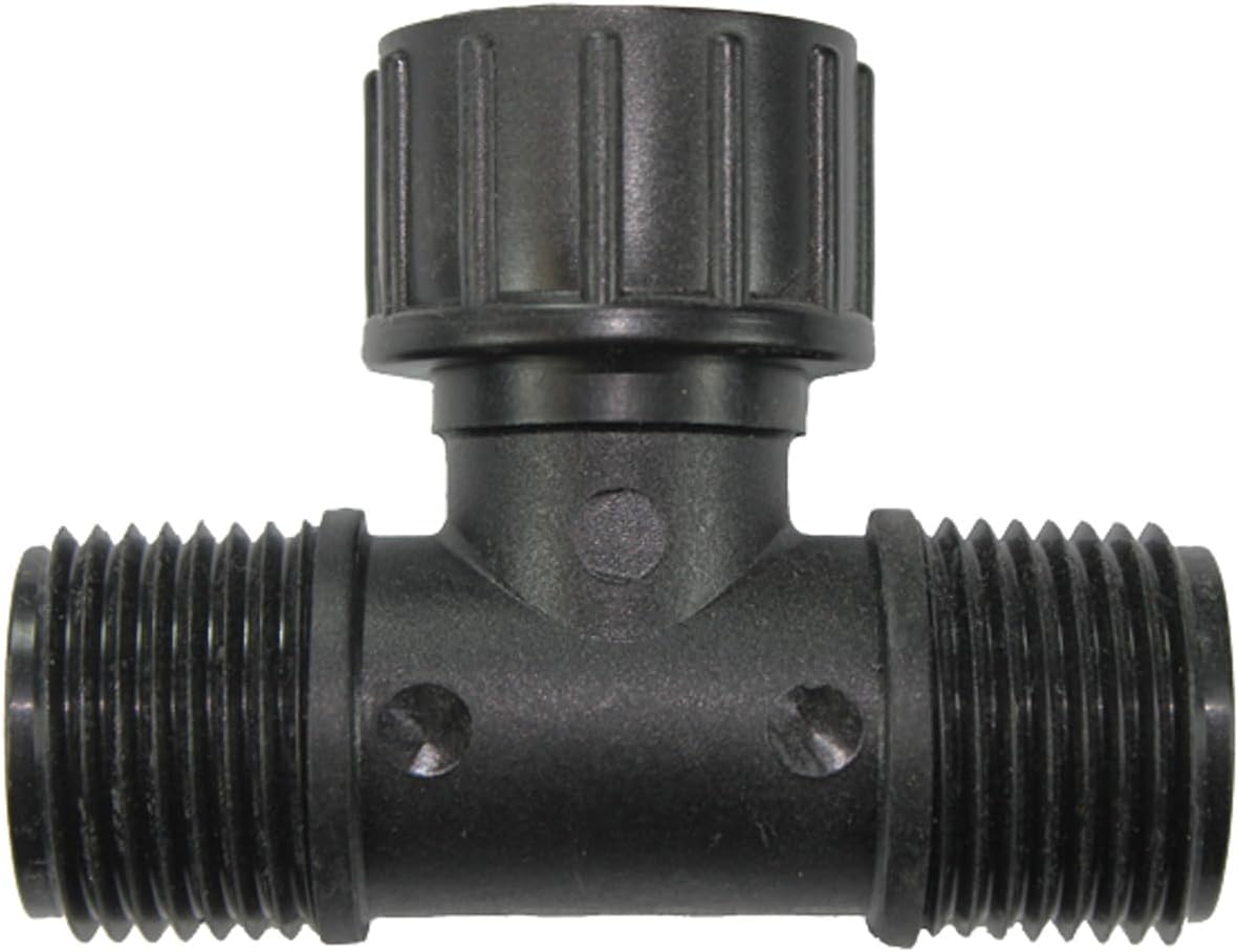DripWorks Hose Tee Fitting – Durable Black Plastic T-Splitter with Female Swivel Inlet & Male Hose Thread Outlets – Compact Design for Narrow Spaces (25)