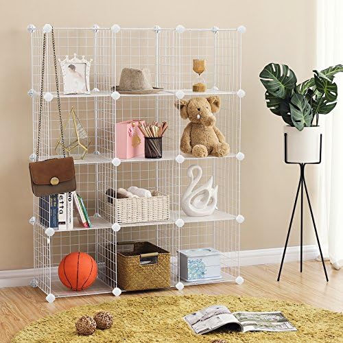 SONGMICS 12 Cubes Wire Grid Storage Rack, Interlocking Shelving Unit with Metal Mesh Shelves and PP Plastic Sheets, for Books Shoes Toys Clothes Tools, in Living Room Bathroom, White LPI34W