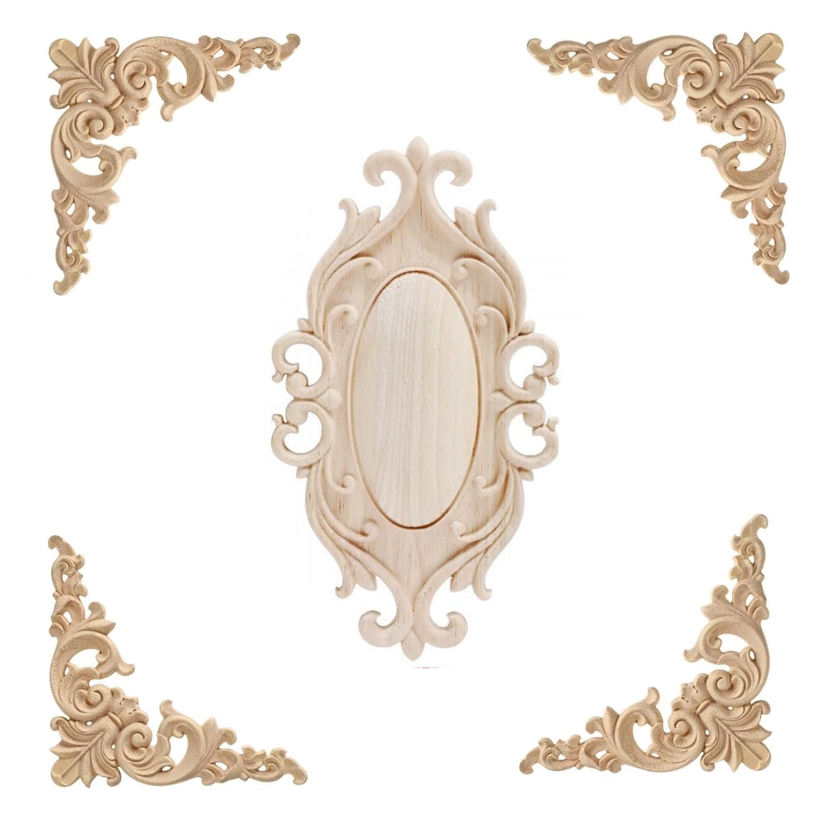 BSYMDH 5PCS Hand Wood Carved Onlay Applique Wood Appliques Onlays DIY Carved Furniture Appliques Onlays Unpainted Carving Decal for Bed Door Cabinet