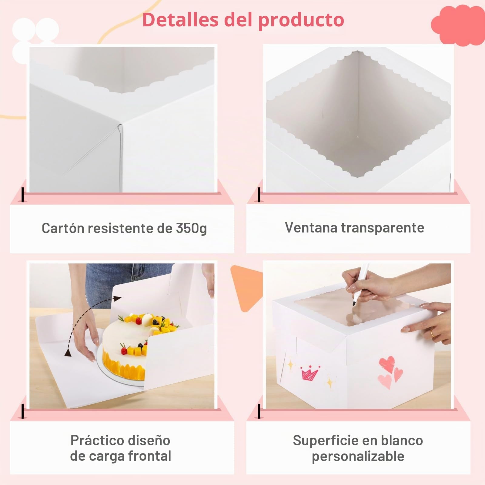 Varku 15 juegos de cajas para tartas, incluye 15 cajas para pasteles y 15 tablas, 25,4 x 25,4 x 20,4 cm, cajas de panadería blancas con ventanas, recipientes desechables para tartas con tapa para