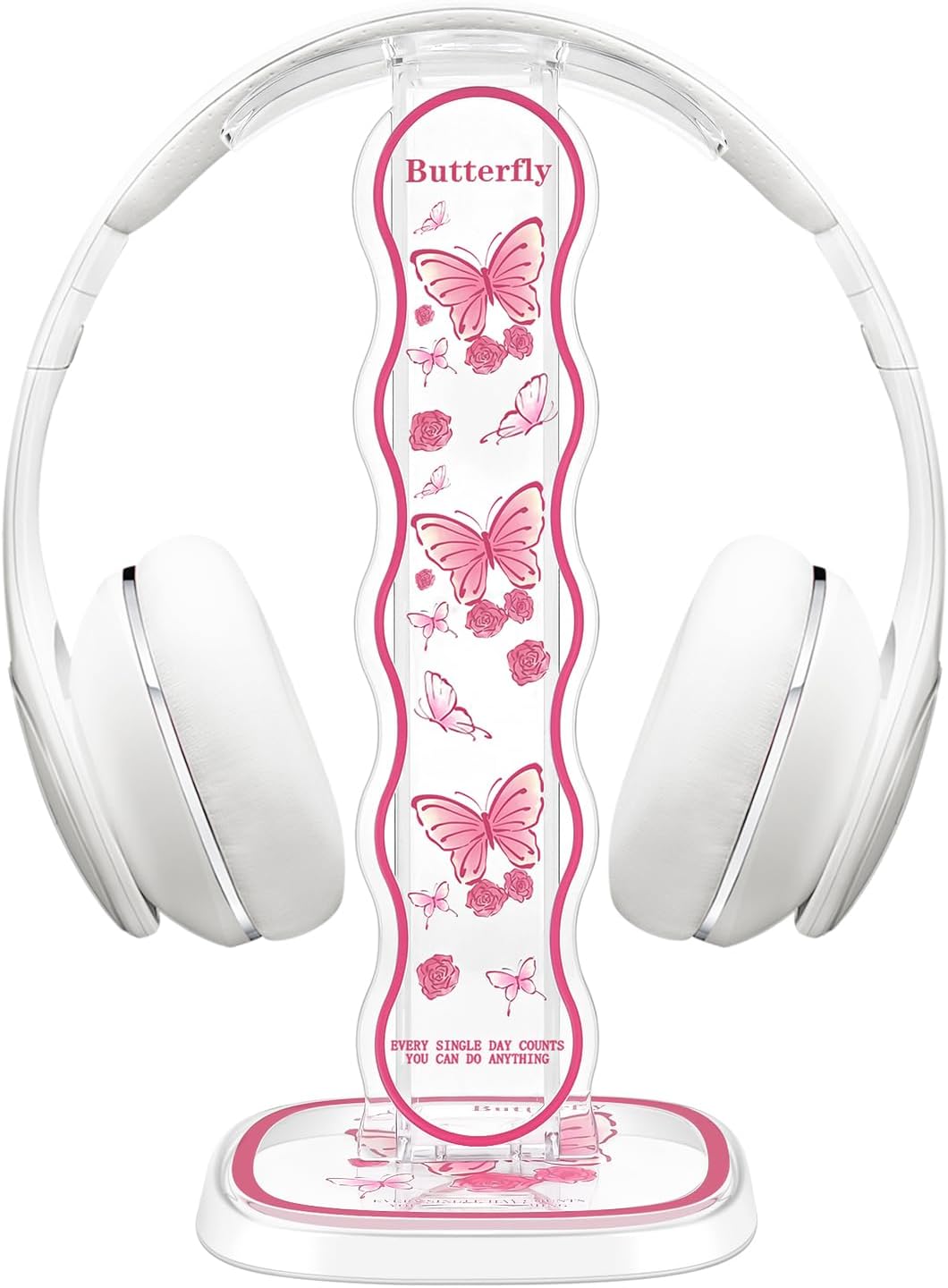 CamyCosy Headphone Stand Gaming Headset Holder for Desk,Pink Butterfly Pattern Clear Cellphone Stand Earphone Stand Desk Accessories for All Headphones Size