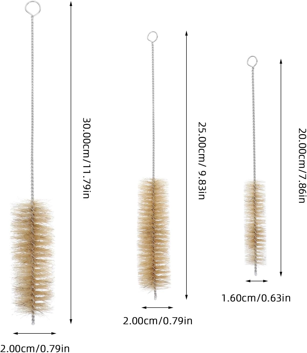 Ciieeo 3pcs Lab Cleaning Brushes Set 304 Stainless Steel Handle Pig Hair Test Tube Brush for Laboratory Bottles and Water Bottles