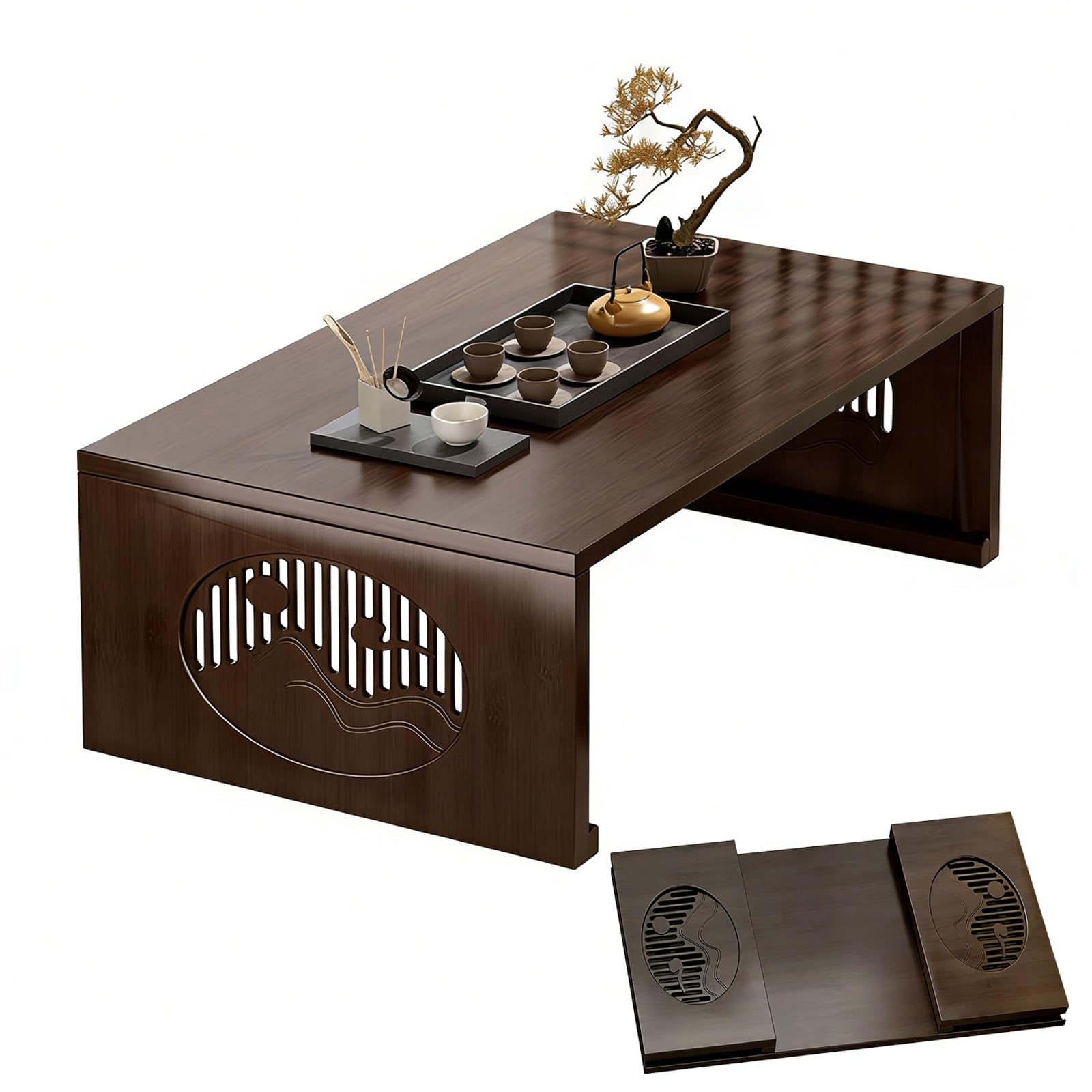 Table pliante japonaise pour salon de thé tatami et baie vitrée