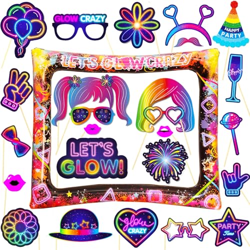 LMSHOWOWO 25Piezas Foto Props de Fiesta Neón, Marco Selfie Inflable de Glow, Neón DIY Photocall Accesorios, Cumpleaños Photo Booth Props, para Fiesta Cumpleaños Mascarada Disco