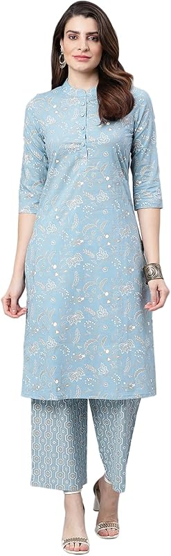Sage Blue Cotton Kurta with Palazzo for Women Printed Straight Indian Kurta for Women