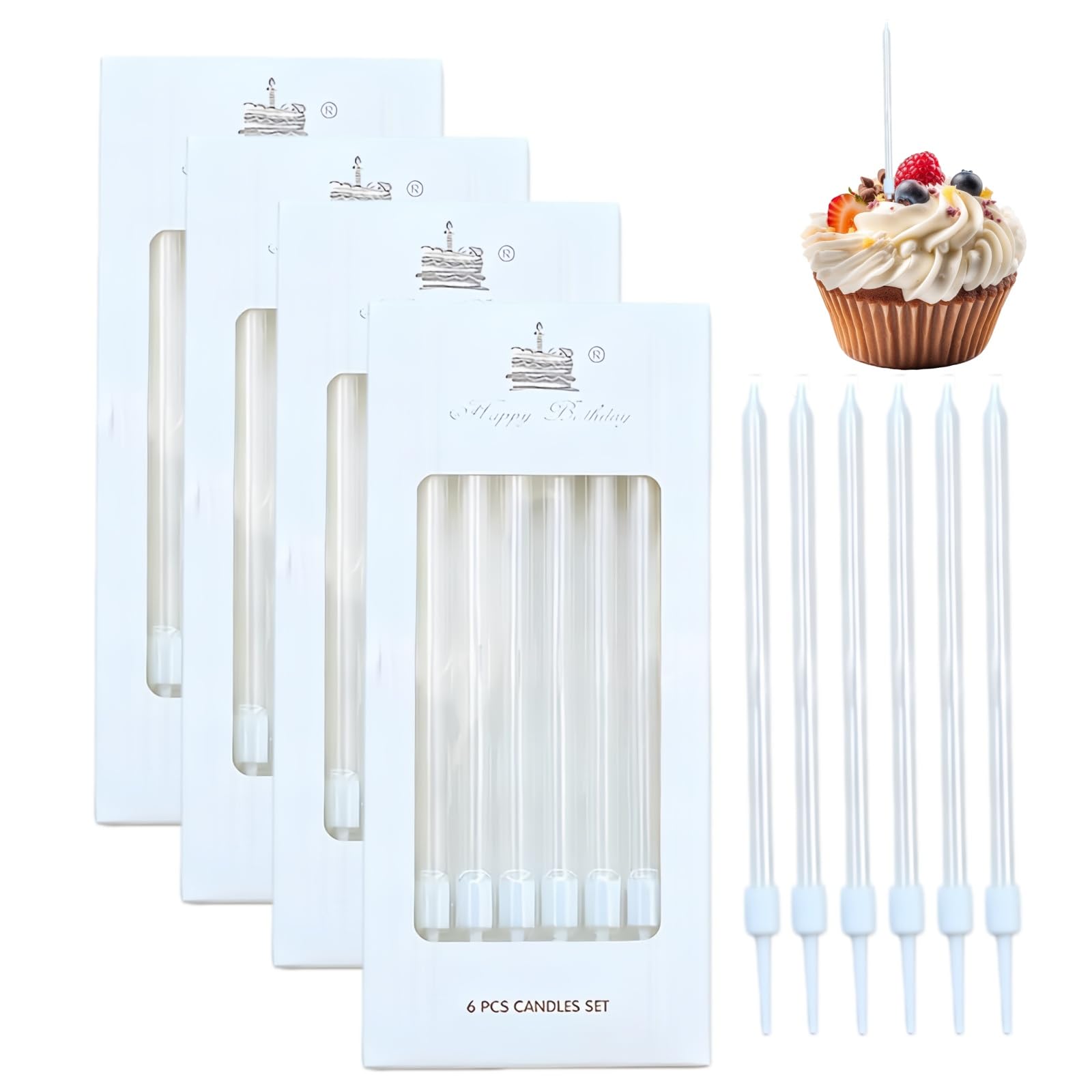 24 Pcs White Pearl Finish Birthday Cake Candles,Slim Stick Decor Candles