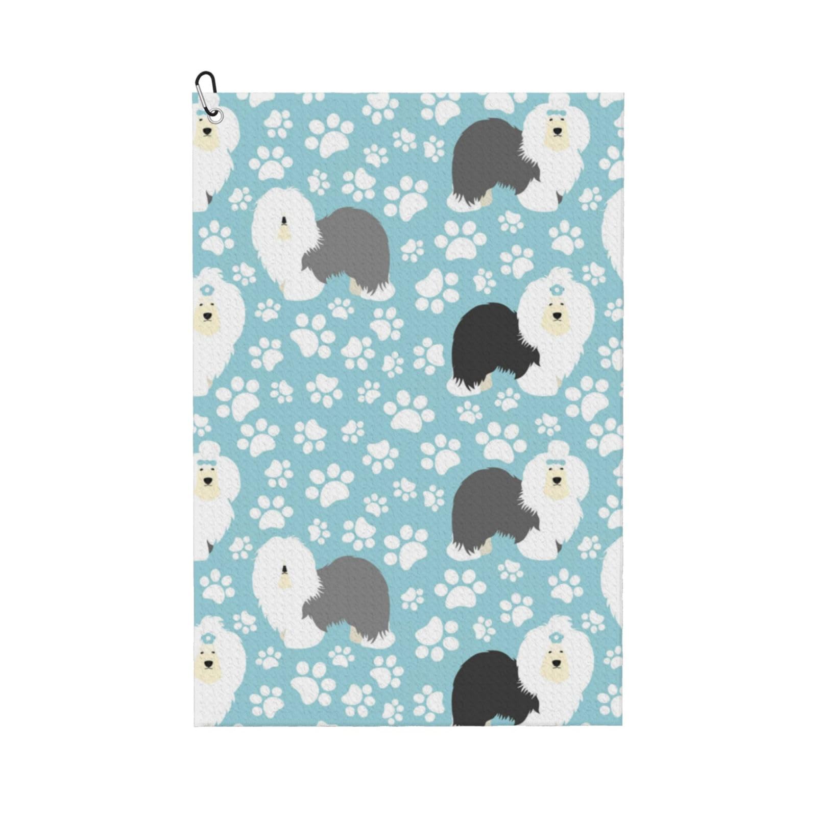 Hnnkloy Old English Sheepdog Background With Hand Drawn Paws Cute Cartoon, 16x24 in Portable Waffle Golf Towels with Carabiner Clip for Golf Bag