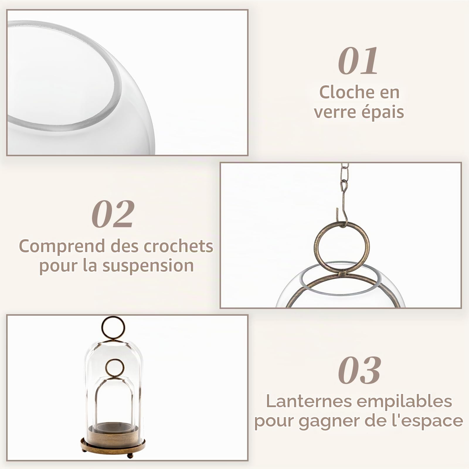 Sziqiqi Bougeoir Hurricane pour Bougies Piliers : Lanterne Vintage Laiton avec Dôme en Verre pour Salon - Lot de 2 Grandes Lanternes Métalliques avec Chaîne pour Centre de Table Cheminée Extérieur