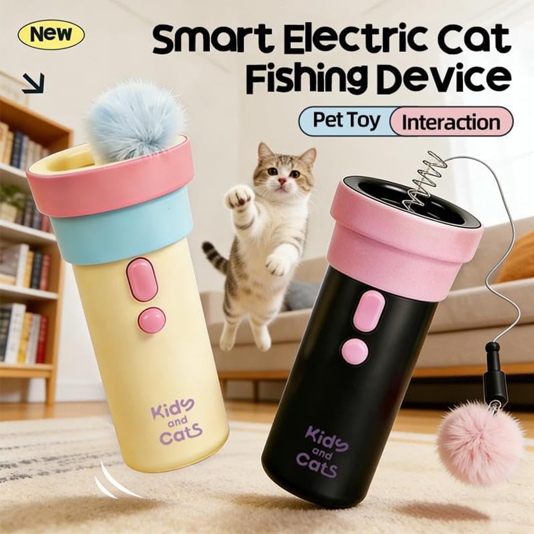 Automatischer Katzen-Teaser-Starter, elektrischer Katzenstab-Spielzeug mit einziehbarem, interaktivem beweglichem Katzenspielzeug für drinnen und draußen (schwarz + blau)
