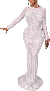 Sexy Elegant Rhinestone Dress for Women Mesh See Through Bodycon Birthday Cocktail Party Club Night Evening Gowns