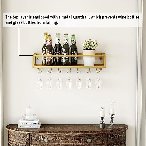 Miniatura 2 de MAIKAILUN Estante de vino montado en la pared dorado con soporte para vidrio, soporte de botella de metal de 30 pulgadas, estante multifuncional de