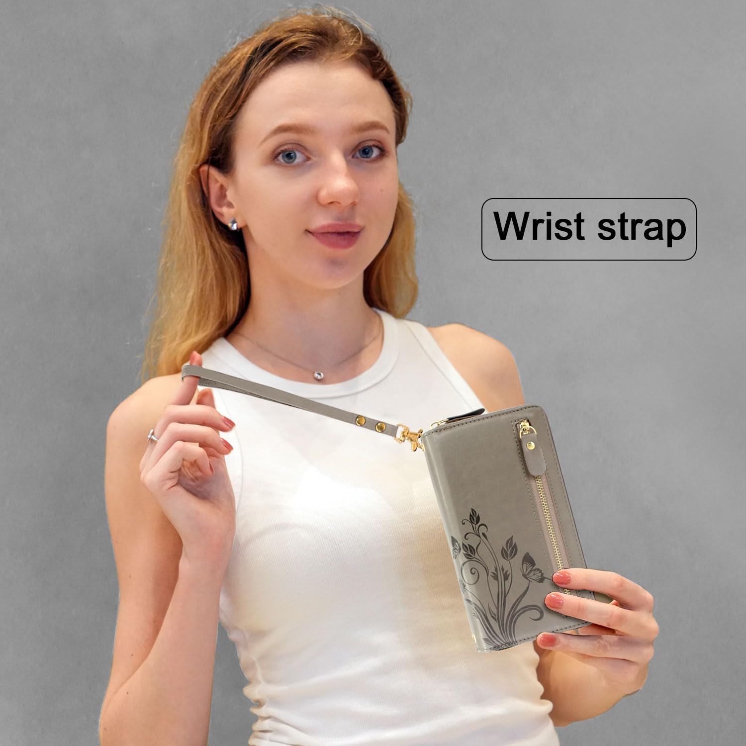 Lacass for Samsung Galaxy A16 5G Wallet Case,Crossbody Dual Zipper Detachable Magnetic Leather Wallet Case Cover Wristlets Wrist Strap 13 Card Slots Money Pocket (Floral Gray)